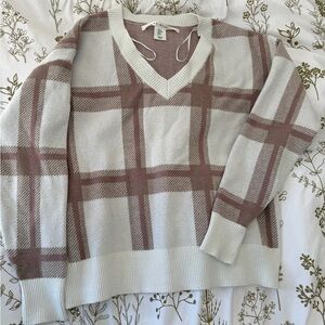 Max Studio Plaid V-Neck Sweater - Cream and Brown